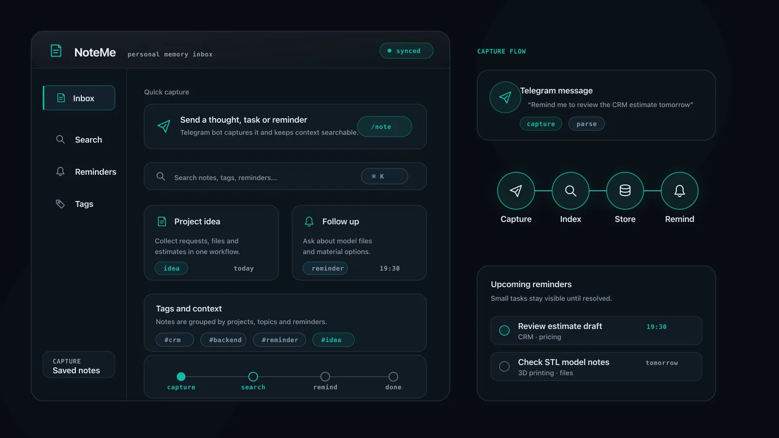 Концептуальный интерфейс NoteMe с созданием, поиском заметок и напоминаниями